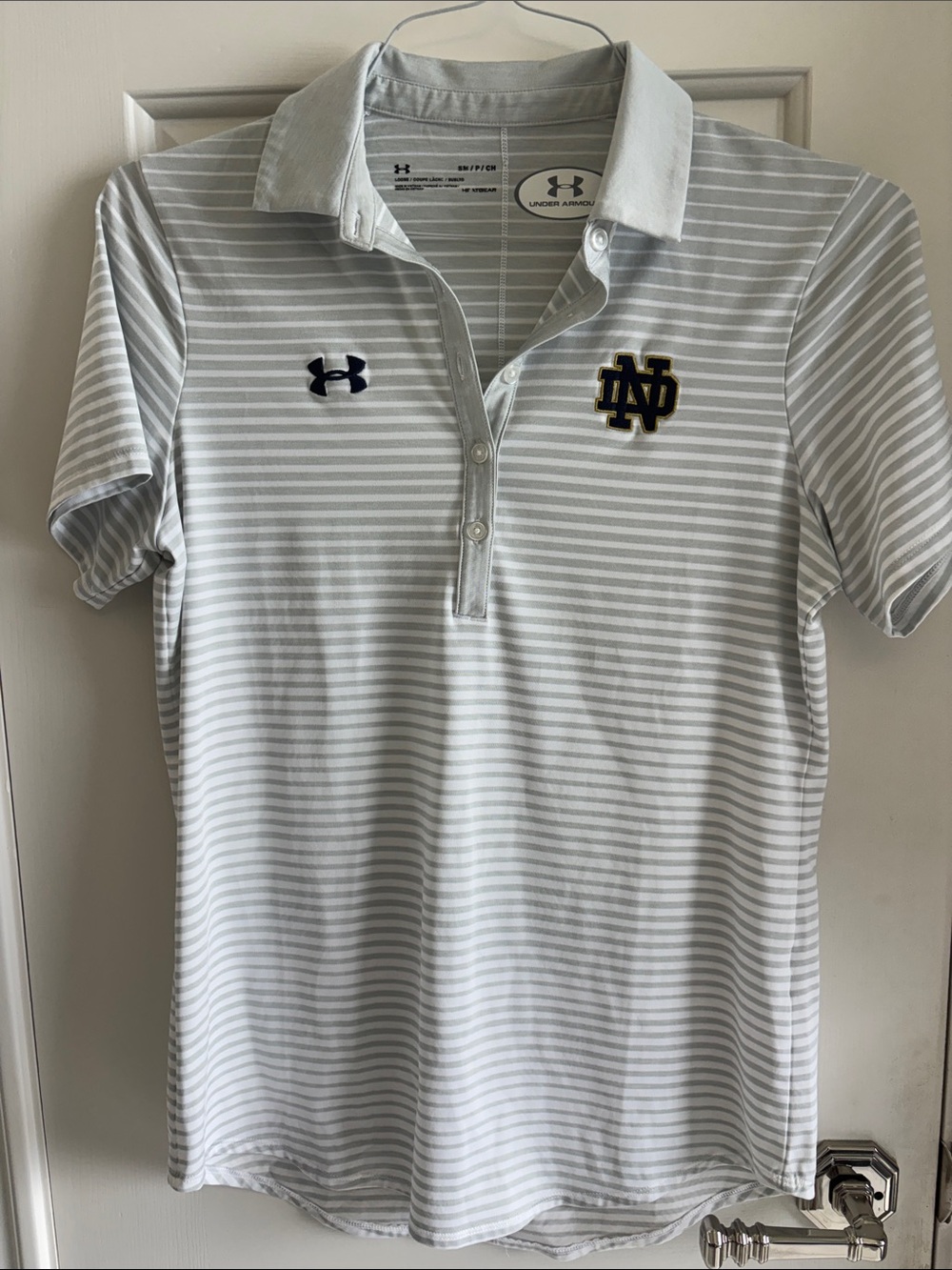 Under Armour White and Light Gray Striped Notre Dame Polo